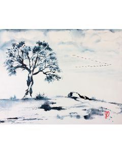 Paysage oiseaux migrateurs - Peinture, petit format, par Jules Morissette