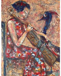 Acrylique originale femme violoncelle et oiseau stylisé par Michèle Paris